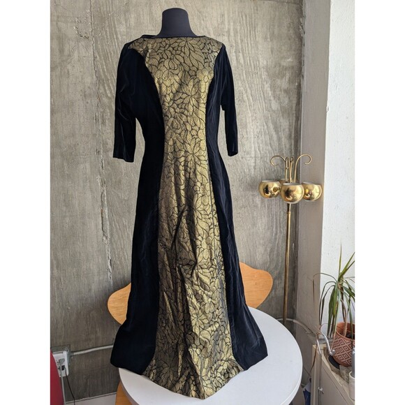 Vintage 'Styled by Kamore' Black Velvet and Gold Metallic Front Panel Dress-Med - Picture 1 of 11